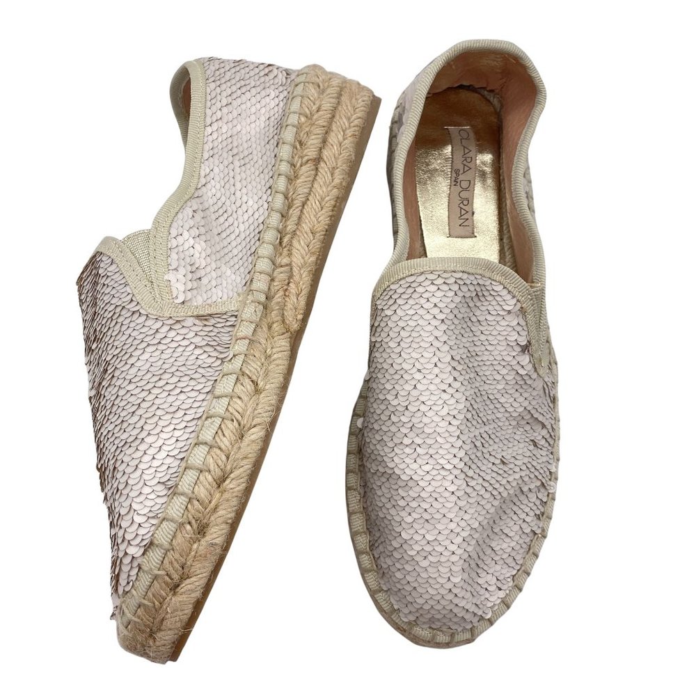 Clara Duran Reversible sequin espadrilles size 39 9 US‎ Spain White gold leather